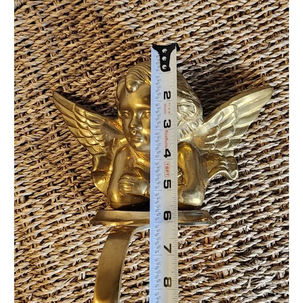 Vintage Large Heavy Brass Cherub Christmas Stocking Holder Shelf Hanging Decor